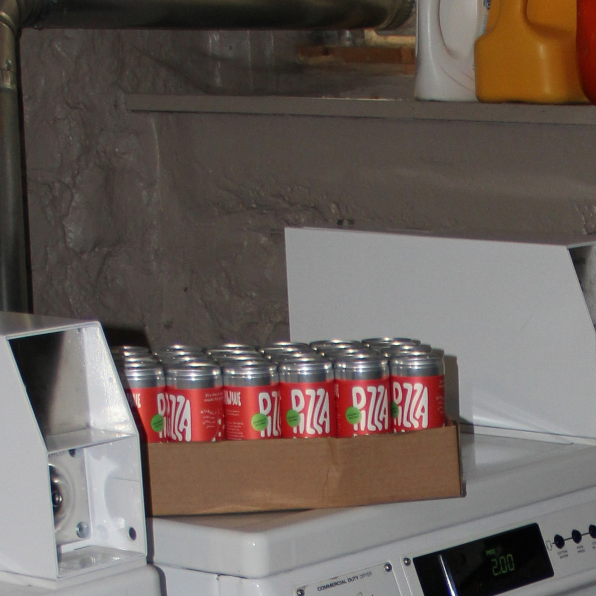 A full case of 24 Pizza Wine cans